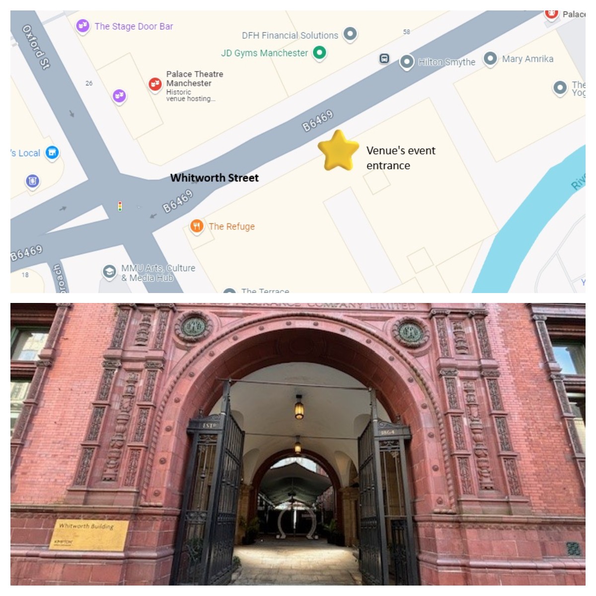 Map and photo of event entrance