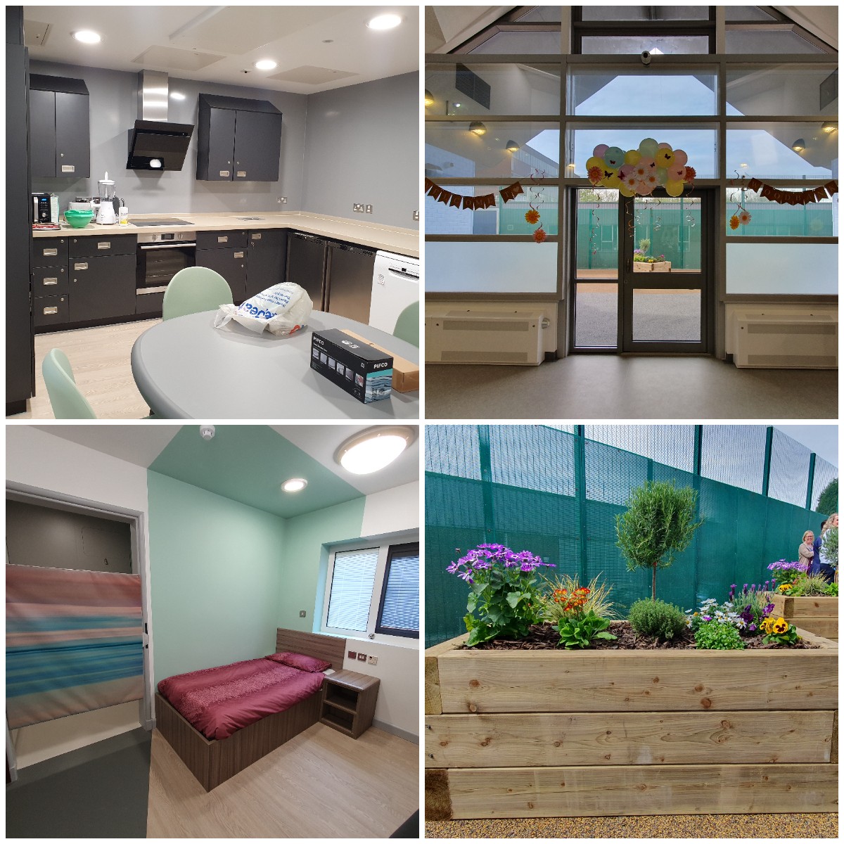 Photo collage of the unit including bedroom, patient kitchen, group space and colourful planter