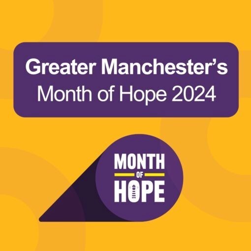 Text which says Greater Manchester's Month of Hope 2024 on a purple background, which is on an orange tile.