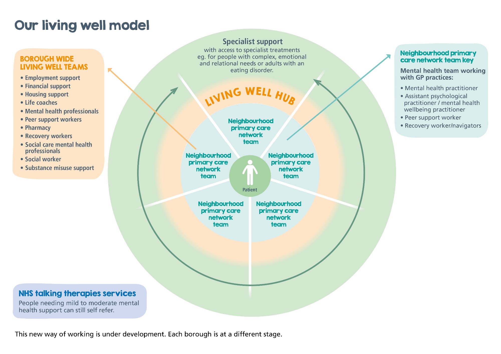 A diagram which explains our living well model as a circle around the patient